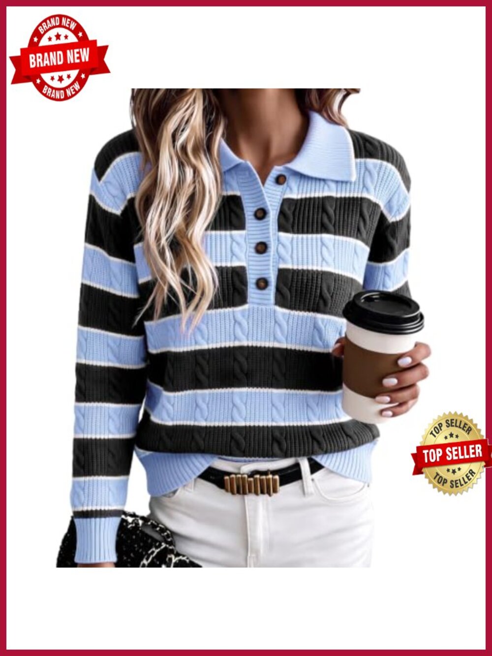 Womens Cable Knit Sweater Polo V Neck Striped Loose Oversized Pullover